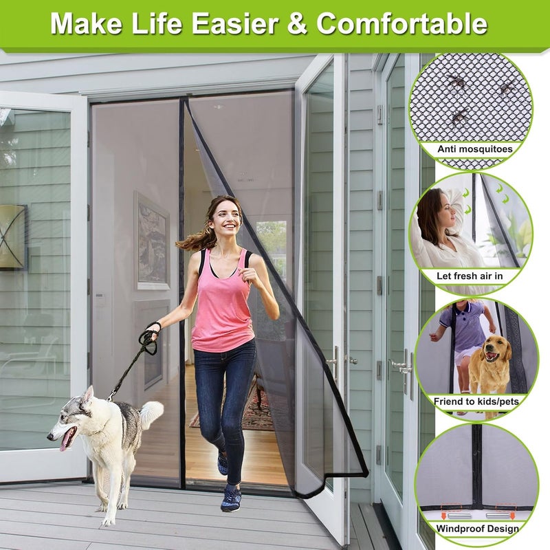Risareyi Magnetic Screen Door Self Closing, Black Upgraded Polyester Thicken Mesh Mosquito Net Front Door Screen Magnetic Closure, Keep Bugs Out, Frame Hook & Loop, Actual Size 26 x 82 inches - Image 2